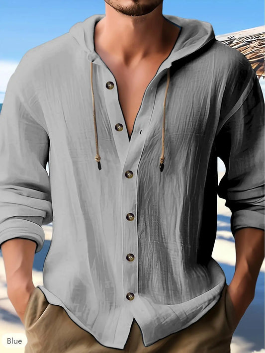 Men's Cotton Linen Solid Color Long Sleeve Hooded Cardigan, Lightweight and Breathable, Perfect for Casual Spring and Autumn Wea
