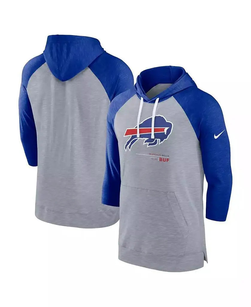 Nike | Men's Heather Gray, Heather Royal Buffalo Bills Raglan 3/4-Sleeve Pullover Hoodie