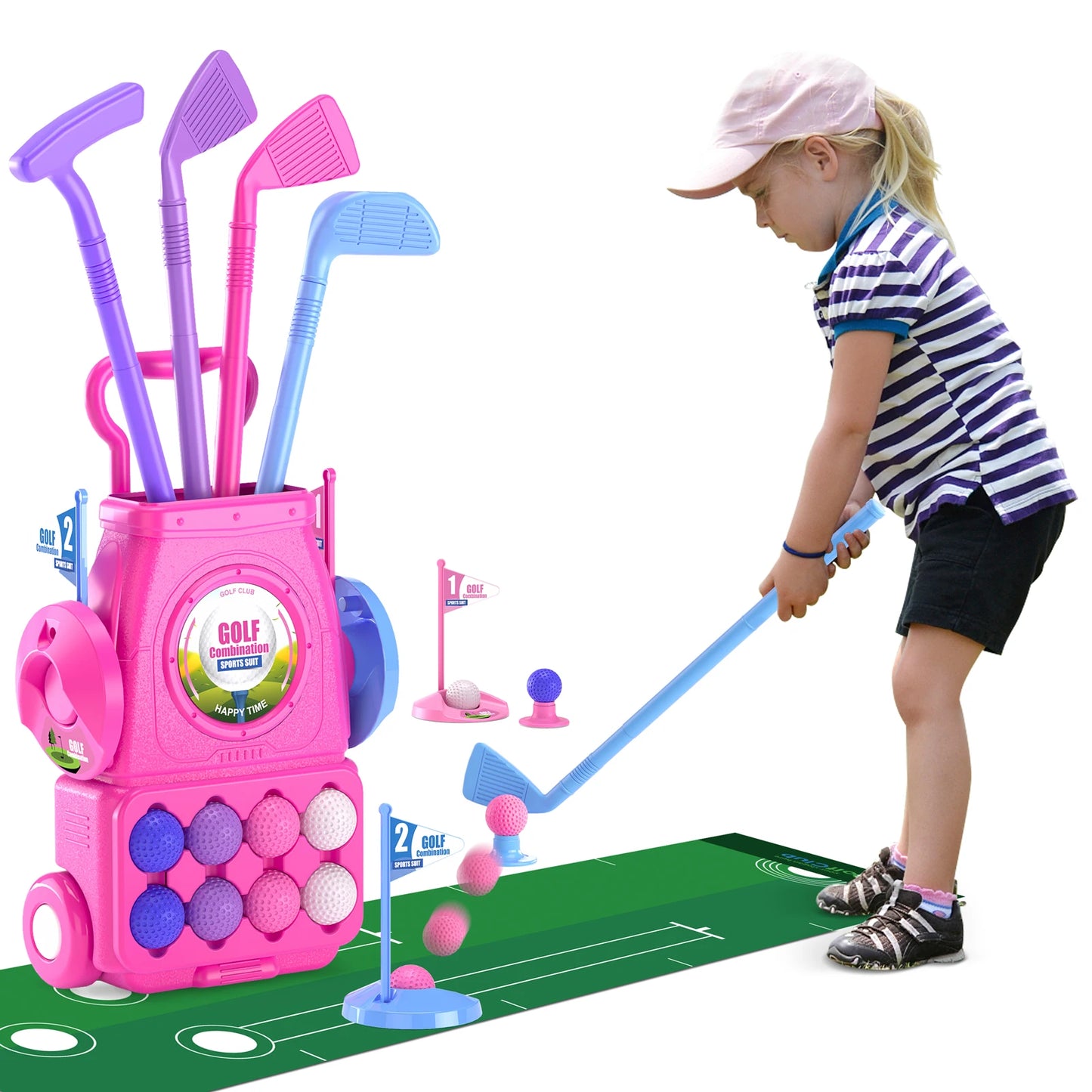 Toddler Golf Set Kids Golf Clubs with 8 Balls 4 Golf Sticks, 2 Practice Holes and a Putting Mat Toys for 3-6+Years Old Girls