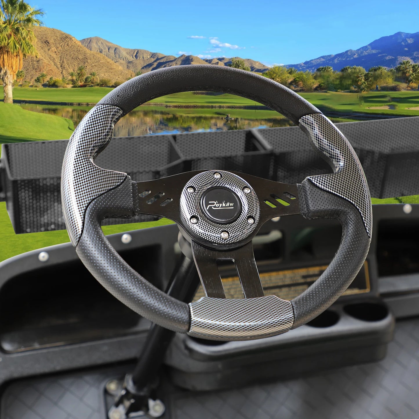 Roykaw Golf Cart Steering Wheel Fit for EZGO, Club Car, Yamaha & Most Golf Carts, Classic Steering Wheel, Carbon Fiber Style