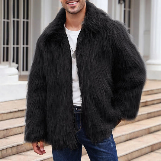 Men s Winter Coat Stylish Long Sleeve Lapel Collar Button Closure Faux Fur Jacket Outwear with Warm Furry Lining