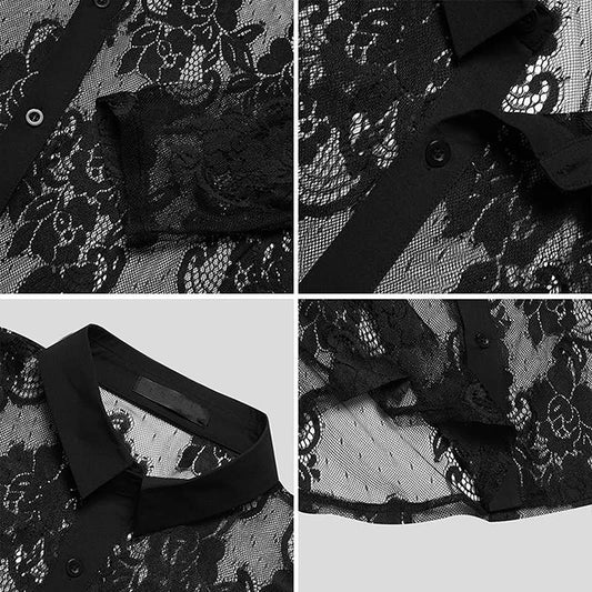 Men s Stylish Floral Print Lapel Neck Long Sleeve Button-Down Shirt with Mesh Detailing for Casual Summer Fashion