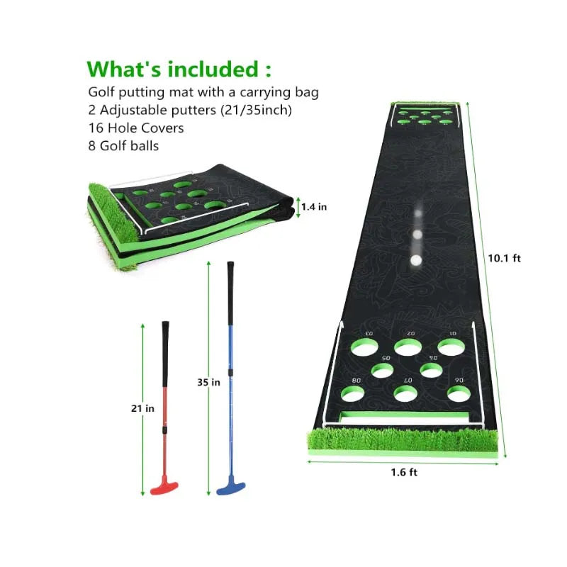 Golf Pong Putting Game Indoor Putting Green 10.1 Ft Golf Putting Game Set with 2 Putters, 8 Golf Balls, Putting Mat Practice