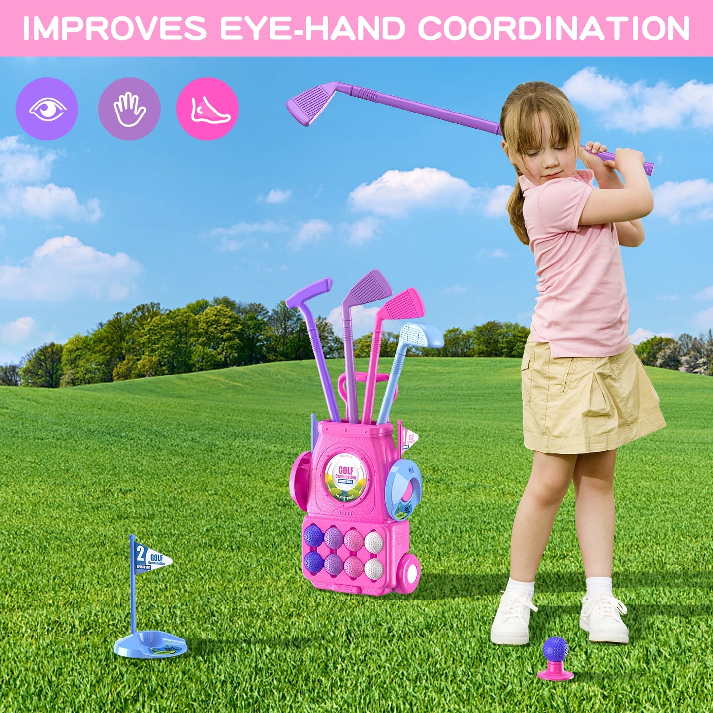 Toddler Golf Set Kids Golf Clubs with 8 Balls 4 Golf Sticks, 2 Practice Holes and a Putting Mat Toys for 3-6+Years Old Girls