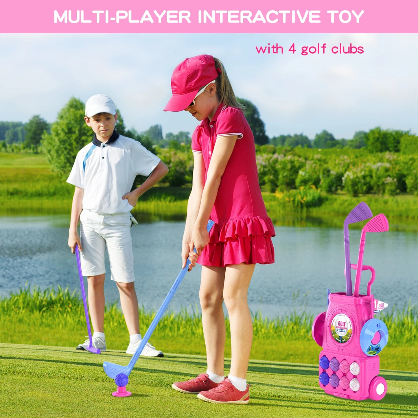 Toddler Golf Set Kids Golf Clubs with 8 Balls 4 Golf Sticks, 2 Practice Holes and a Putting Mat Toys for 3-6+Years Old Girls
