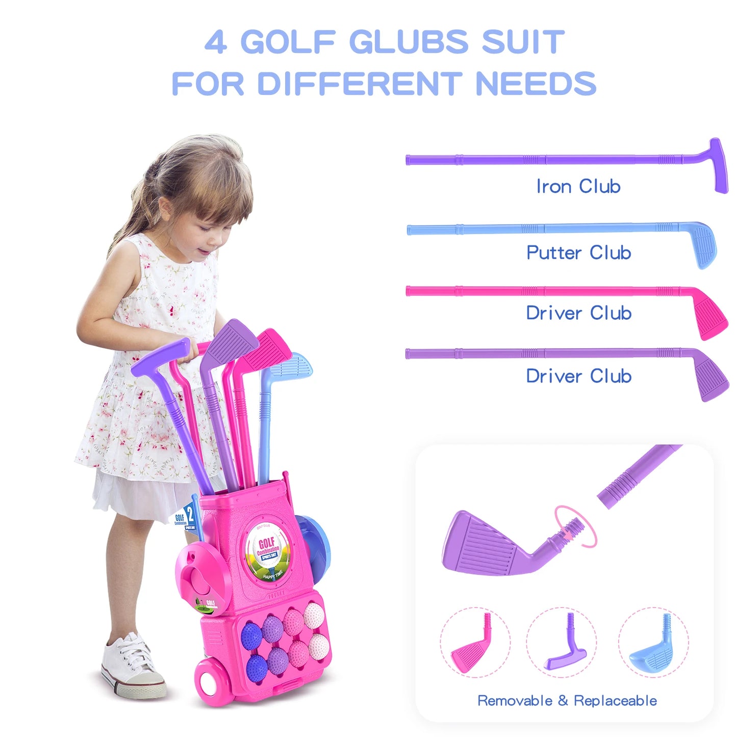 Toddler Golf Set Kids Golf Clubs with 8 Balls 4 Golf Sticks, 2 Practice Holes and a Putting Mat Toys for 3-6+Years Old Girls