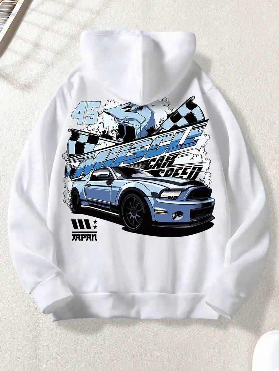 Men's new high-quality sweatshirt, sports car print fashion trend 280g heavyweight street sweatshirt