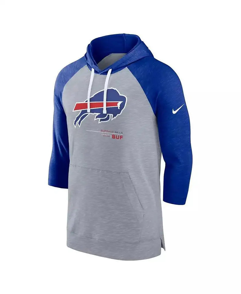 Nike | Men's Heather Gray, Heather Royal Buffalo Bills Raglan 3/4-Sleeve Pullover Hoodie