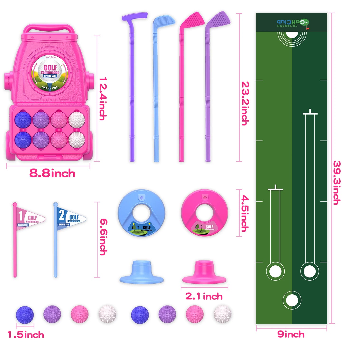 Toddler Golf Set Kids Golf Clubs with 8 Balls 4 Golf Sticks, 2 Practice Holes and a Putting Mat Toys for 3-6+Years Old Girls