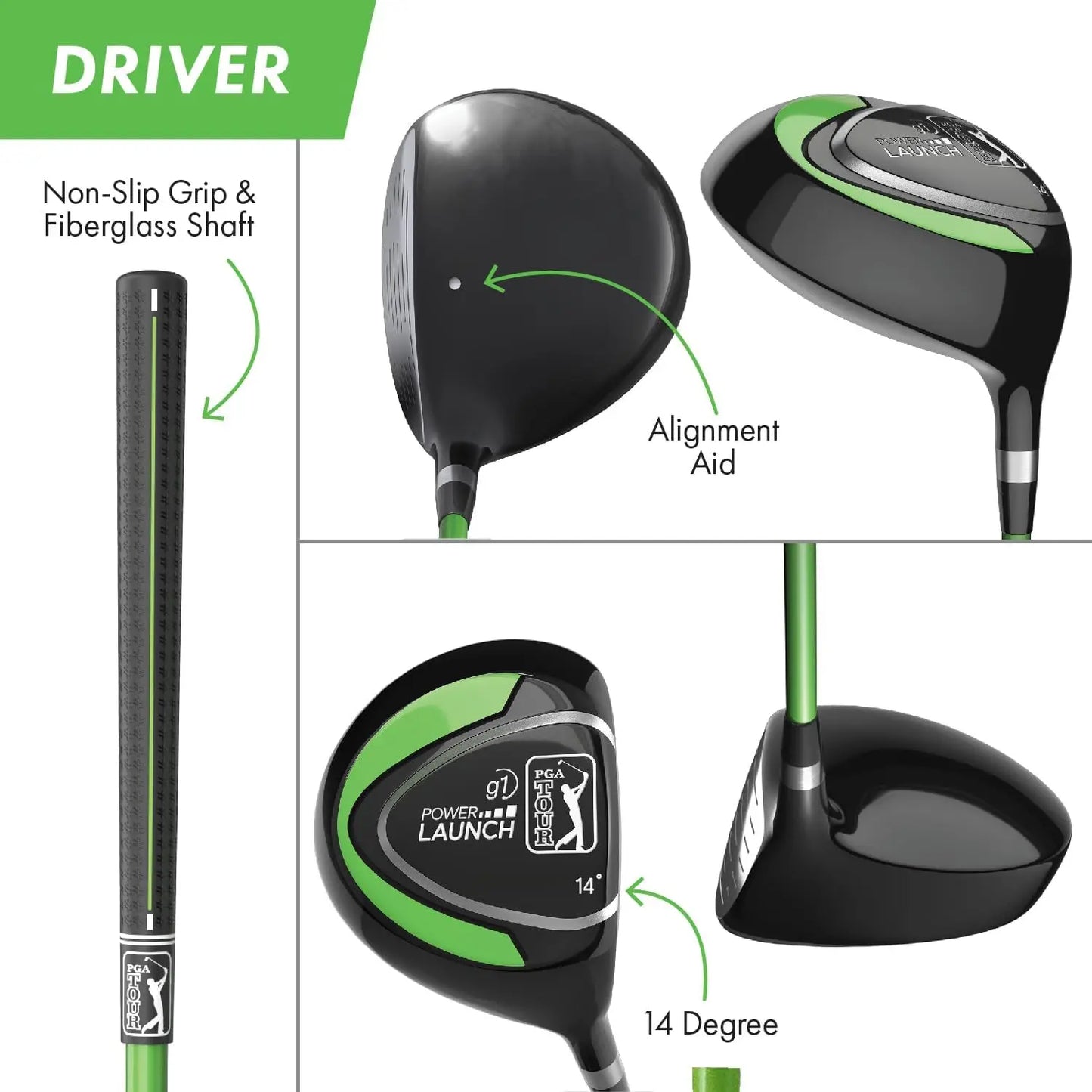 Kids Green Golf Club Set with 3 Clubs, Golf Bag & 5 Total Pieces | Golf Clubs and Sets for Heights 3'6" - 4'1