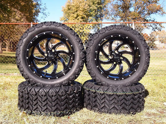 14" Glossy Black Phantom Golf Cart Wheel Milled Spokes W/ 23x10-14 All Terrain Tire, DOT Certified, Compatable With EZGO/Club Ca