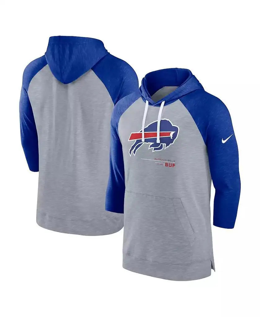 Nike | Men's Heather Gray, Heather Royal Buffalo Bills Raglan 3/4-Sleeve Pullover Hoodie