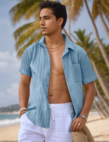 Men's Button-Up Textured Short Sleeve Casual Shirt with Pockets, Lightweight and Breathable, Perfect for Everyday Summer Wear