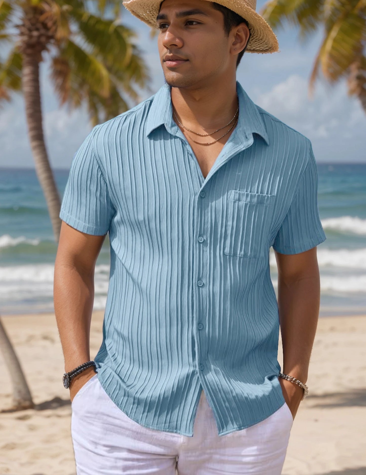 Men's Button-Up Textured Short Sleeve Casual Shirt with Pockets, Lightweight and Breathable, Perfect for Everyday Summer Wear