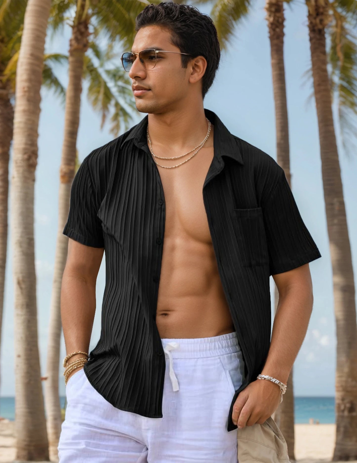 Men's Button-Up Textured Short Sleeve Casual Shirt with Pockets, Lightweight and Breathable, Perfect for Everyday Summer Wear
