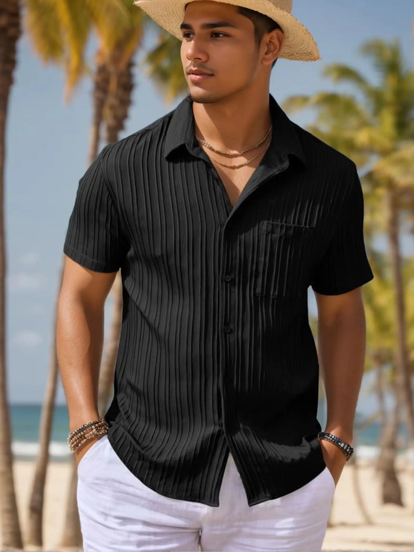 Men's Button-Up Textured Short Sleeve Casual Shirt with Pockets, Lightweight and Breathable, Perfect for Everyday Summer Wear