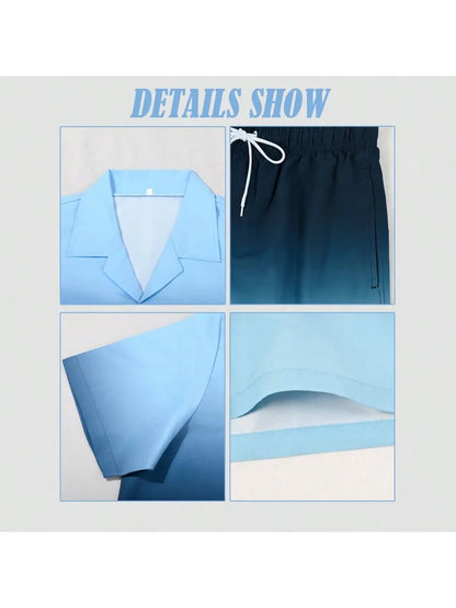 2pcs Men's Casual Summer Outfits, Color Block Short Sleeve T-Shirt & Drawstring Shorts Set, Beach Sports Exercise  Short Clothin
